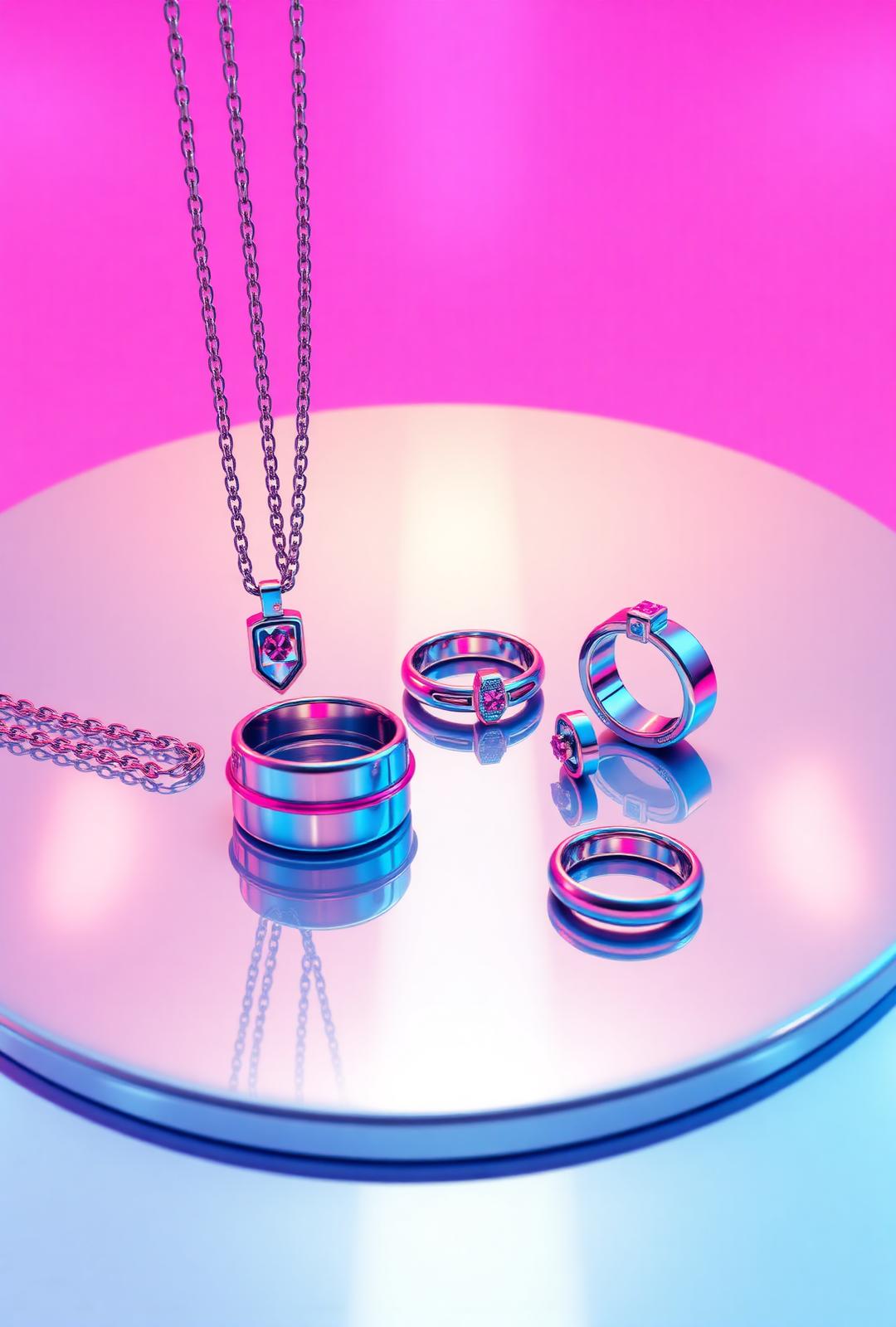Chrome jewelry collection on holographic surface