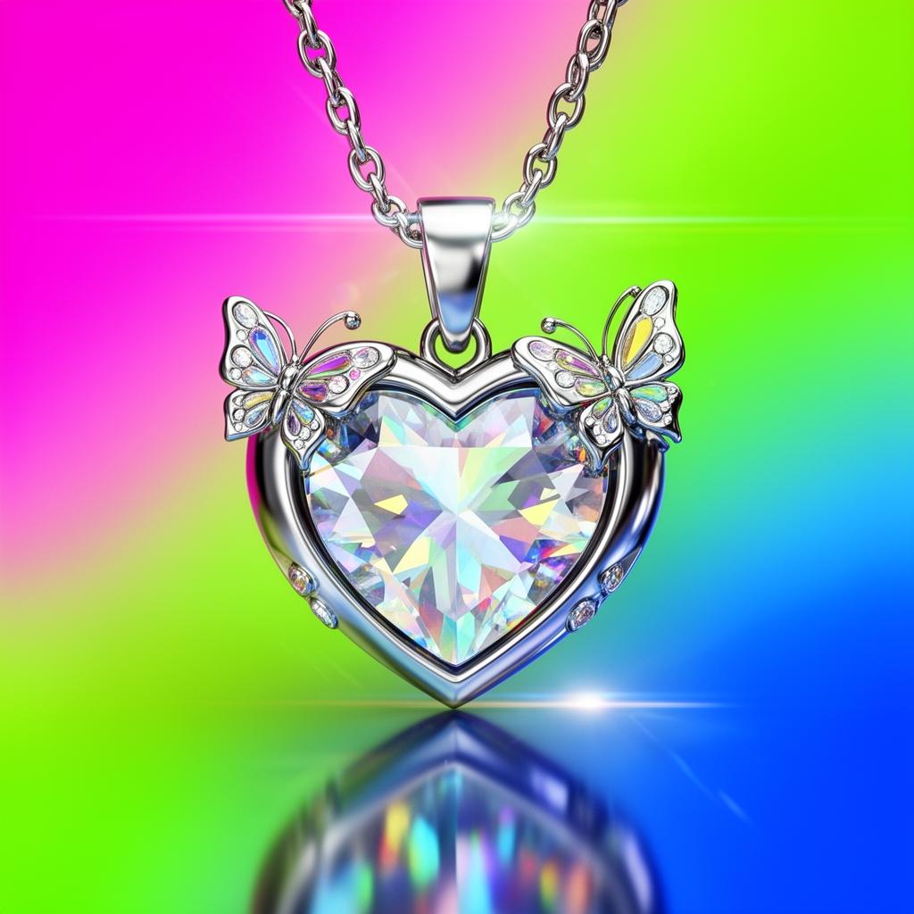 BIJOU.EXE — collier cœur chrome avec pierre holographique sur fond rainbow